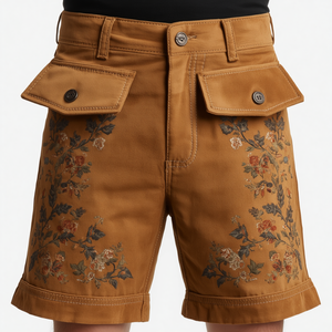 Pantalones Cortos de Cuero de Gamuza Camel con Bordado Tradicional, Fabricante de Ropa Premium de Estilo Herencia - Product Image 3