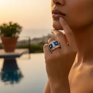 <b>Women's</b> Statement <b>Ring</b> with Silver Blue Sapphire Topaz Oval Cut Rhodium Plated <b>Set</b> with Pearl-Elegant Style - Product Image 1