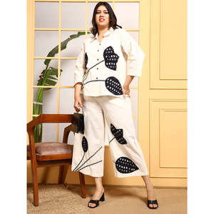 DEEBACO Women's Solid Cotton Plus Size Summer Floral Embroidery Casual Co-Ord Set Calf Length Shirt Ankle Length <b>Palazzo</b> 2-Piece - Product Image 1