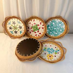Décor à la maison plateau en rotin combinant nacre décoratif rotin plateau de service affichage thé assiette de fruits fabriqué au Vietnam - Product Image 5