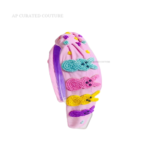 Diadema con cuentas de conejito de Pascua con bordado multicolor de Peeps, conejito con cuentas para accesorio festivo - Product Image 1