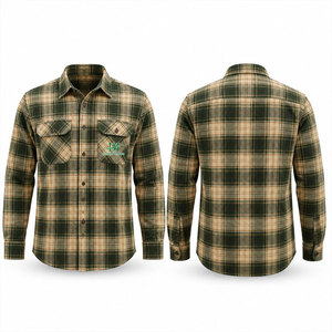 Camisa de Trabajo de Manga Larga a Cuadros Verde Beige para Hombre, Algodón, Corte Cómodo, Logotipo Bordado en la Parte Delantera, Uniforme de Trabajo a la Moda - Product Image 1