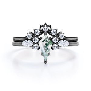 แหวนแต่งงานรูปทรงว่าวประดับมอสอาเกต เงินแท้ 925 ประดับพลอยแกะสลักลายแหลม สไตล์คลาสสิก ชุบทอง 14K แบบหนามเตย - Product Image 1