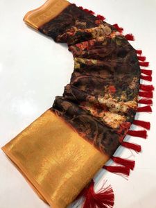 Saree Zari ทอผ้าทำงาน,แนวคิดใหม่ของผ้าไหมออร์แกนซ่าผ้าทอพิมพ์ดิจิตอลชุดส่าหรีเจ้าสาวที่สวยงาม - Product Image 3