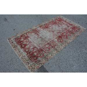 Vintage Turkish <b>Rug</b> Red Beige 3.5 X 6.6ft Large Area Woolen Patchwork Design for Hallway <b>Bedroom</b> Rectangular Shape Latex Backing - Product Image 2