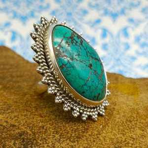 Bonne qualité naturelle tibétaine Turquoise pierre précieuse bague bijoux personnalisé forme taille conception pierre en argent Sterling bagues fines - Product Image 3