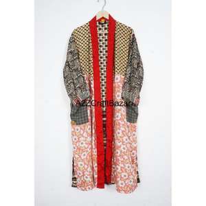 Handmade Boho Style Women's 100% <b>Silk</b> Luxury <b>Kimono</b> Indian Patchwork Robe Vacation Wear Nightwear Knitted Wearing Method V-neck - Product Image 3