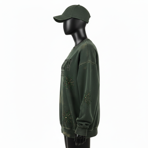 Sudadera para Mujer con Efecto Deslavado al Ácido, de Algodón y Felpa, Verde Vintage, con Transferencia de Calor de Cristal, Logotipo Personalizado, Transpirable - Product Image 3