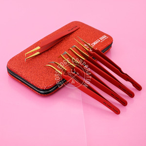 Pinzas profesionales para extensión de pestañas, empuñadura de diamante 45 90 grados, punta de fibra roja mate probada a mano, nunca se desliza - Product Image 5