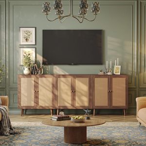 Armoire moderne en bois et rotin avec deux portes Unité de rangement élégante Design élégant Parfait pour la décoration de la cuisine ou du salon - Product Image 1