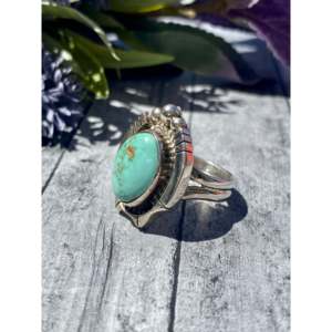 Royston Turquoise & <b>Sterling</b> <b>Silver</b> Handmade <b>Ring</b> Bezel <b>Set</b> Geometric Pattern Size 6 - Product Image 4