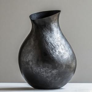 Vase noir rustique en métal patiné Vase de sol en relief floral Décoration intérieure Déclaration d'accent - Product Image 1