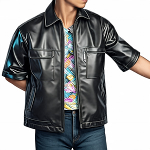 Chemise décontractée à fermeture éclair en cuir véritable style High Street pour hommes, en faux cuir à la mode avec motif Letterman de moto - Product Image 6