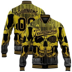Direct Industry Wholesale Casual Winter Custom Black Old <b>Gold</b> Skull With Butterfly 3D Bomber Full-Snap Varsity Letterman Jacket - Product Image 1