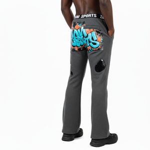 Premium fleece flared pant cotton polyester blend soft <b>brushed</b> fabric grey with <b>heat</b> transfer custom logo fleece flared pant - Product Image 4