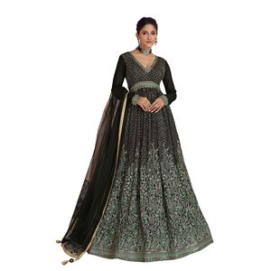 Ensemble de costume Anarkali Kurta Pant Salwar en crêpe de georgette ethnique noir pour femmes Trendmalls, coupe régulière, mariage indien pakistanais, tout - Product Image 1