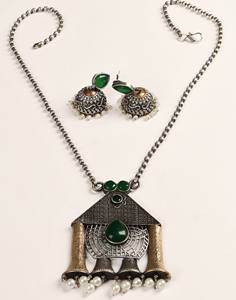 Oxidized Antique Silver <b>Necklace</b> Earring Jewelry set Green Stone Tribal Jewelry Gift for wife - Product Image 4