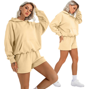 เทอร์รี่ชุดวอร์มผู้หญิงกางเกงขาสั้น2ชิ้นโอเวอร์ไซส์ลำลองมีกระเป๋าเสื้อกันหนาวมีฮู้ดและกางเกงขาสั้นเอวยางยืด - Product Image 5