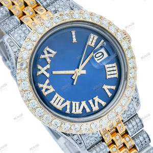 Diamond-encrusted luxury <b>watch</b> with blue dial, Roman numerals, two-tone <b>bracelet</b>, and a dazzling bezel for a bold, elegant look. - Product Image 2