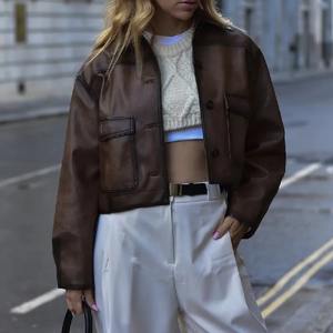 American Retro Vintage Femme Gradient Brown PU Jacket Full Sleeve Single-Breasted Button Coat Loose Short Sheep Skin Canvas - Product Image 5