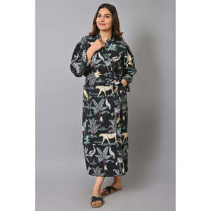 Bata Kimono de Algodón con Estampado Animal Negro, Silueta Holgada, Cintura Natural, para Damas de Honor o Uso en Spa - Product Image 1