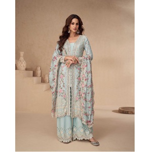 Diseñador tradicional Salwar Kameez traje Dupatta indio boda desgaste bordado secuencia trabajo Real Chinon pakistaní mujeres - Product Image 1