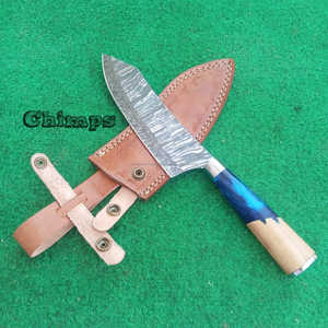 Manche en résine et bois d'olivier Couteau de cuisine multifonctionnel de haute qualité Fire Damascus Pattern Cleaver Couteau à découper - Product Image 5