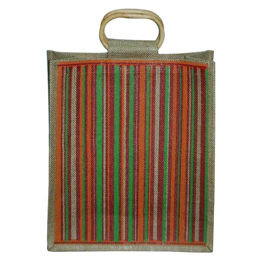 Juta Goodie Bag Madeira Cane Handle Com Atraente Multi Color Stripe Print Juta Tote Bag para o Presente