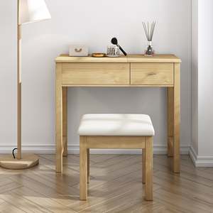 Commode de style scandinave Taranto avec miroir éclairé, tabouret, panneau en bois de pin et métal, coiffeuse pour chambres modernes - Product Image 4
