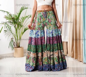 Pantalon patchwork large en soie de sari recyclée, pantalon jupe bohème hippie pour femme, pantalon palazzo bohème hippie patchwork, élastique - Product Image 2