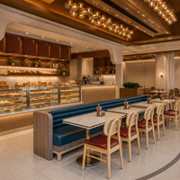 Set di Arredamento per Caffetteria di Lusso con Sedute Semicircolari Imbottite, Tavolo e Sedie in Legno per Ristorante