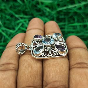 บุษราคัมสีฟ้าและอเมทิสต์925จี้เงินสเตอร์ลิงเครื่องประดับอัญมณีธรรมชาติเครื่องประดับเงินทำมือ - Product Image 2