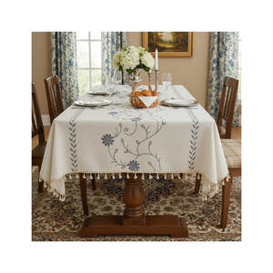 Nappe en coton beige à motif géométrique et bordure florale, rectangulaire, pour salle à manger, textile de maison décoratif, vente en gros - Product Image 3