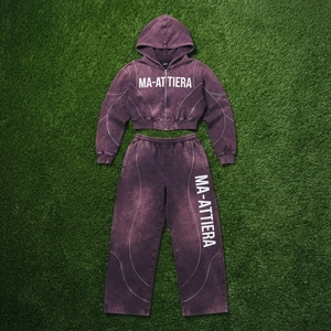 Conjunto de Sudadera Corta con Cremallera y Pantalones Jogger de Pierna Ancha para Mujer, Morado, con Lavado Ácido, de Algodón y Felpa, Estilo Urbano, OEM al por Mayor - Product Image 5