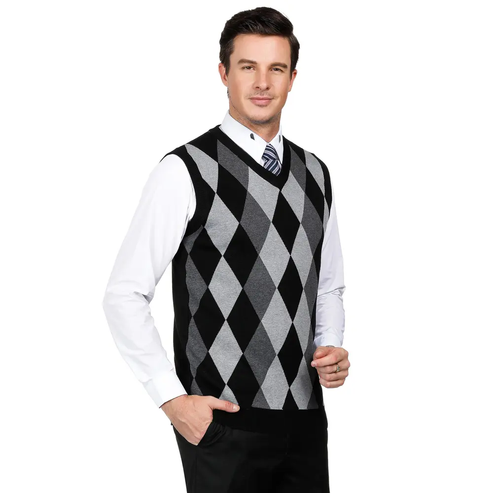 Wholesale Men Stylish Sleeveless V-Neck Contrast Color Pullover Knitwear Knitted Plaid Sweater Vest Ment