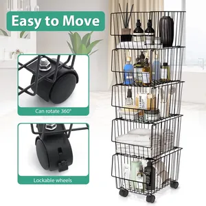 Cesta de fruta de 5 niveles con ruedas, alambre de almacenamiento de Metal, cesta de almacenamiento apilable, organizador, carrito de utilidad, estantería - Product Image 3