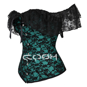 Corsé de Moda con Encaje Verde al Por Mayor |   Top Corset Gótico Personalizado con Mangas Caídas en los Hombros - Product Image 3