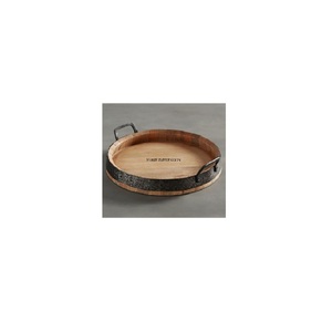Acacia Wooden Made Round Shape <b>Tray</b> With Metal <b>Black</b> Color Fancy Unique Designer Strip and Handles Modern Creative Serving <b>Tray</b> - Product Image 1