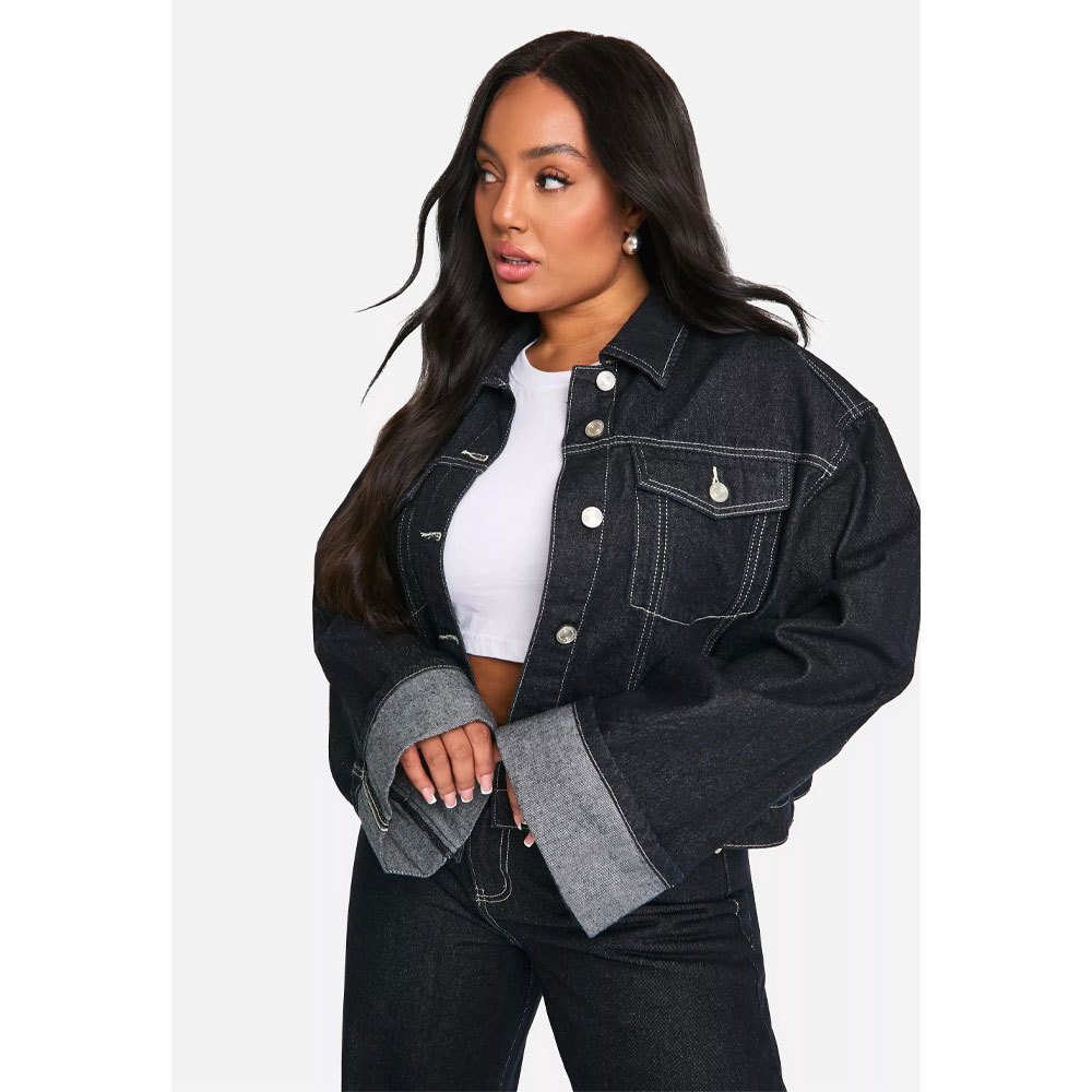 Power Punch 2025 Women Solid Black Color Oversize Denim Jacket High Quality Cotton