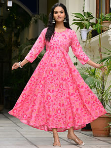 Women Rose Pink Geometric Print 100% Cotton Woven Eco-Friendly Casual Ethnic <b>Mid</b>-<b>Calf</b> Length Dress - Product Image 2