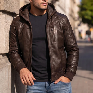 Veste en cuir marron pour homme, style moto, fermeture éclair, coupe classique, couleur unie, vêtement d'extérieur en cuir véritable pour l'automne - Product Image 1