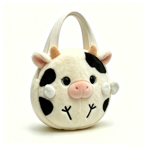 customized Cute <b>black</b> and white cow plush tote bag,Fluffy animal-shaped faux leather handle bag,Round spotted cow plush <b>handbag</b> - Product Image 1