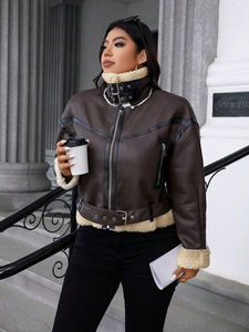 Chaqueta de piel de oveja genuina de alta calidad para damas Diseño vintage transpirable Cremallera dorada Reversible Cremallera Invierno - Product Image 5