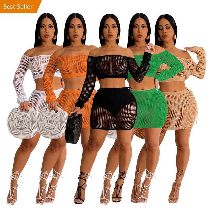 2023 Sexy Boho Crochet Knit Mesh Swimwear Swimsuit Beachwear Two Pieces Skirt Set Plus Size Women's Dress Beach Cover Up