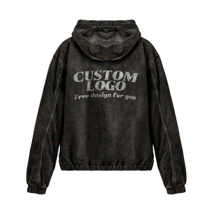 Winter Street Wear Distressed Vintage Stone Washed Fleece 100% Cotton Blank Hooded Collar <b>Thick</b> Oversize Acid Wash Pullover - Product Image 2