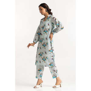 Ensemble coordonné en viscose de coton bleu glace imprimé pour femmes, tenue quotidienne d'été en 2 pièces avec manches trois-quarts, taille XXS - Product Image 2