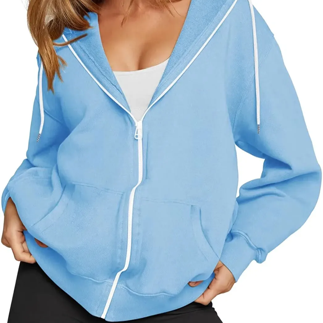 Women's Casual Hoodies Zip Up Hoodie Solid Lightweight Pullover Tops Loose Sweatshirt with Pocket