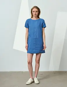 ชุดเดรสมินิสไตล์ Boho ชุดเดรสผ้าฝ้ายผ้าลินินคอกลมแขนสั้นสีทึบชุดเดรสทูนิคสำหรับวันหยุดมีกระเป๋า - Product Image 4