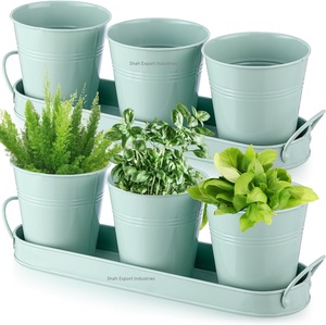 Home And Kitchen Usage Green Coated Galvanized Herb <b>Pot</b> with Tray <b>for</b> Indoor Outdoor Metal <b>Succulent</b> Potted Planters - Product Image 2