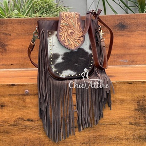 Women's Cowhide Leather Fringe Crossbody Bags Hand Tooled Flap Card Slots Zippered Pockets Adjustable Strap Shoulder Handbags - Product Image 1